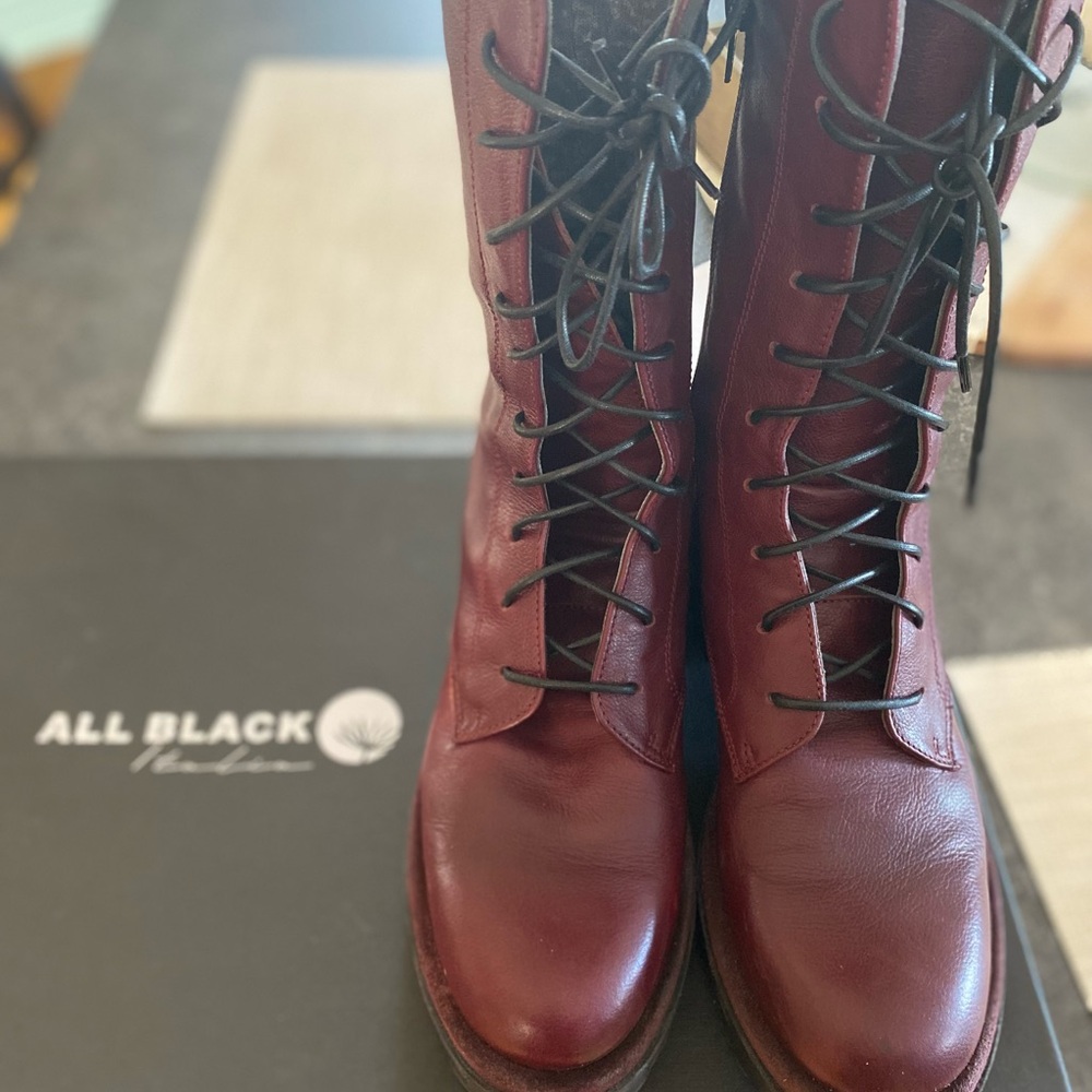 All Black Italian Women's Burgundy Lace-Up Boots